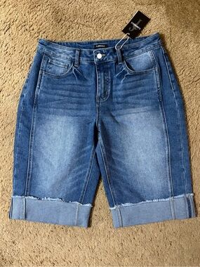 Flamingals Two-Tone Blue Rolled Hem Denim Bermuda Shorts Size X Large